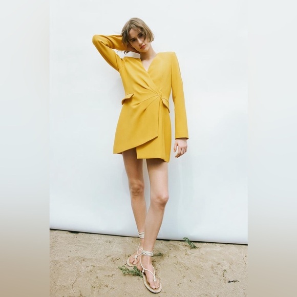 Zara Limited Edition Draped Blazer Mini Dress Yellow Blogger Favorite Small - Picture 3 of 9